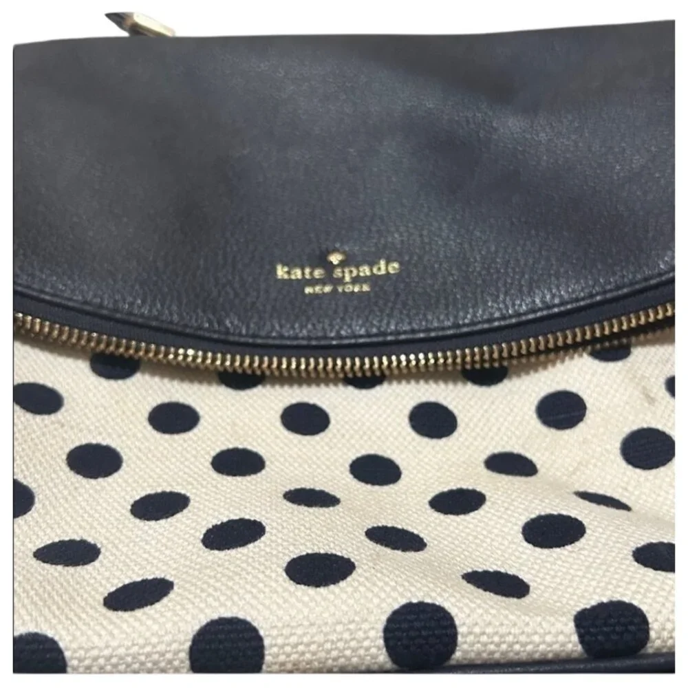 Kate‎ Spade Leather & Canvas Navy Blue And Cream White Polka Dot Shoulder Bag